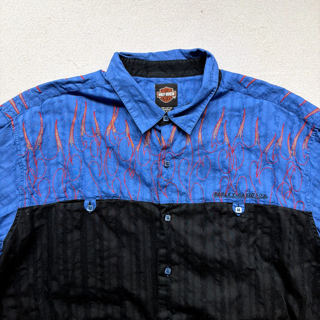 Vintage Harley Davidson Embroidered Flames Y2K Button Up Shirt Size XXL