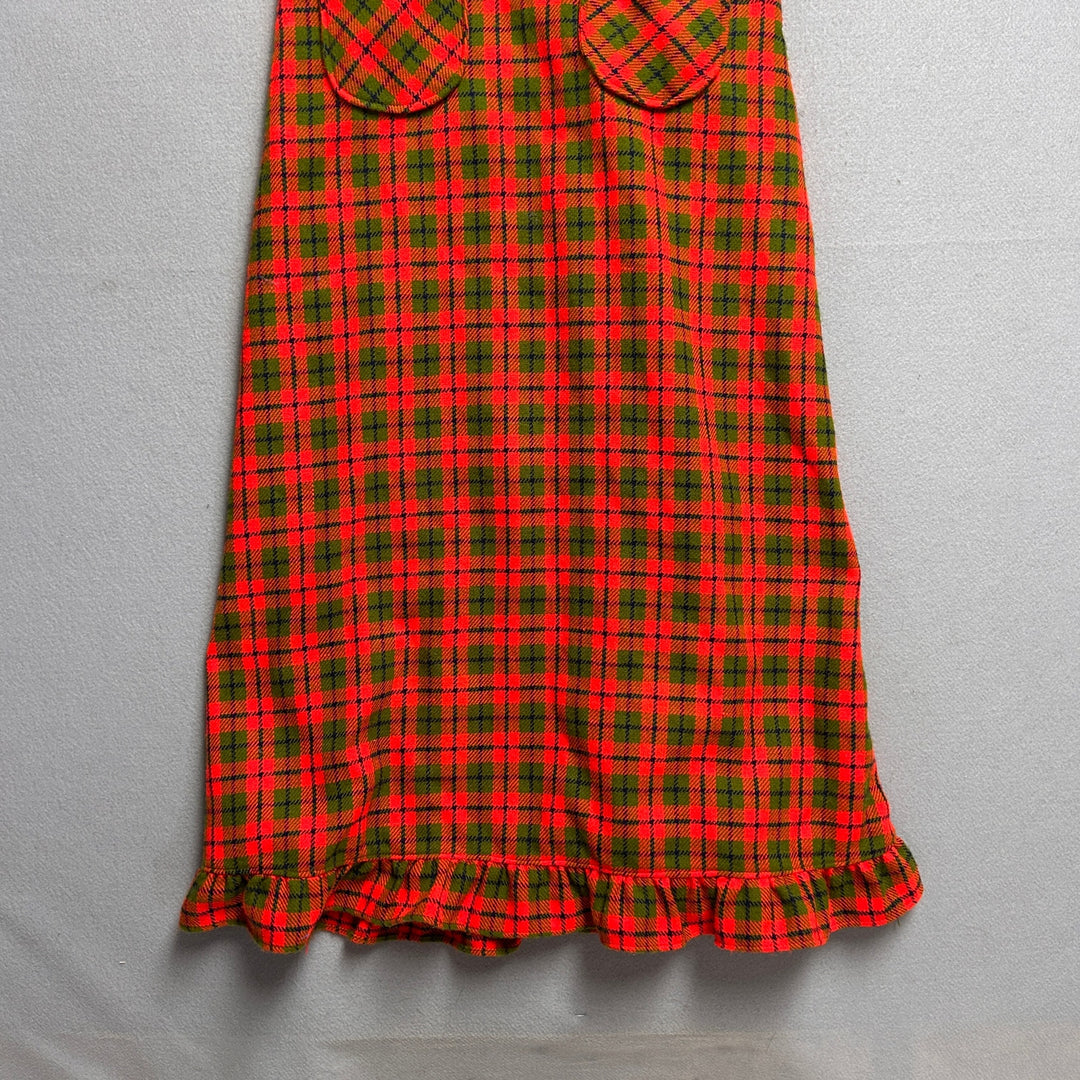 Vintage 70's Women's Orange Plaid Kitchen Dress W/ Pockets