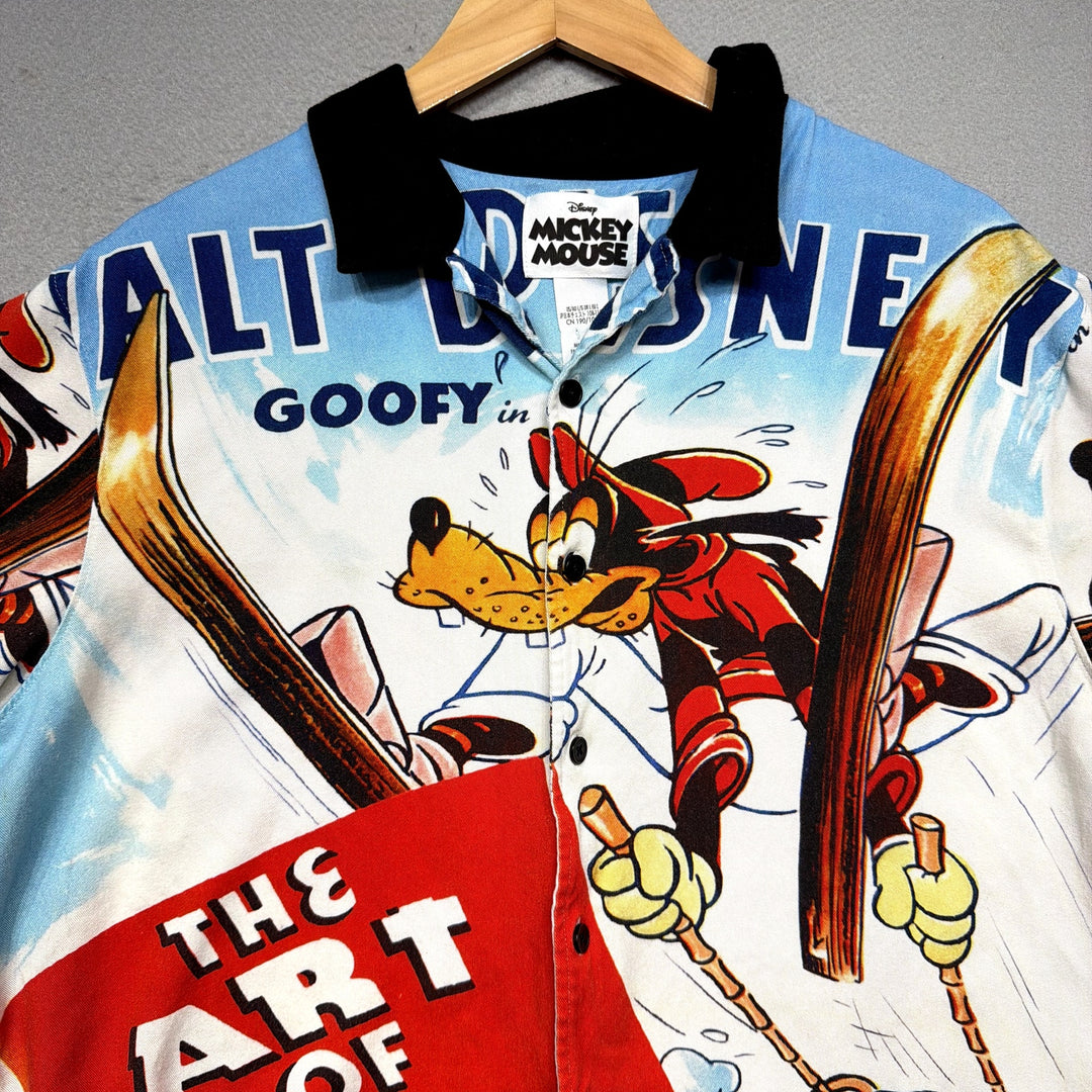 Disney Goofy and the Art of Skiing Retro Viscose Button Down Shirt Size Large