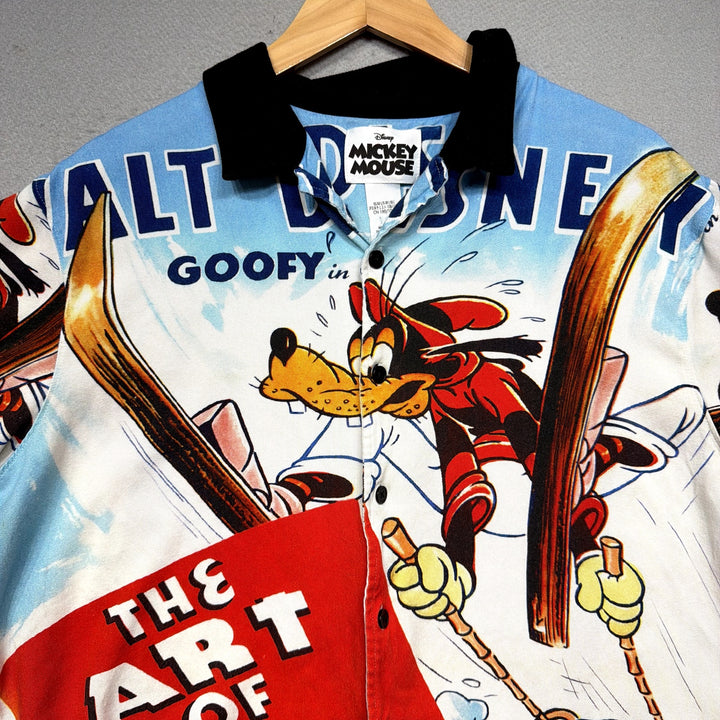 Disney Goofy and the Art of Skiing Retro Viscose Button Down Shirt Size Large