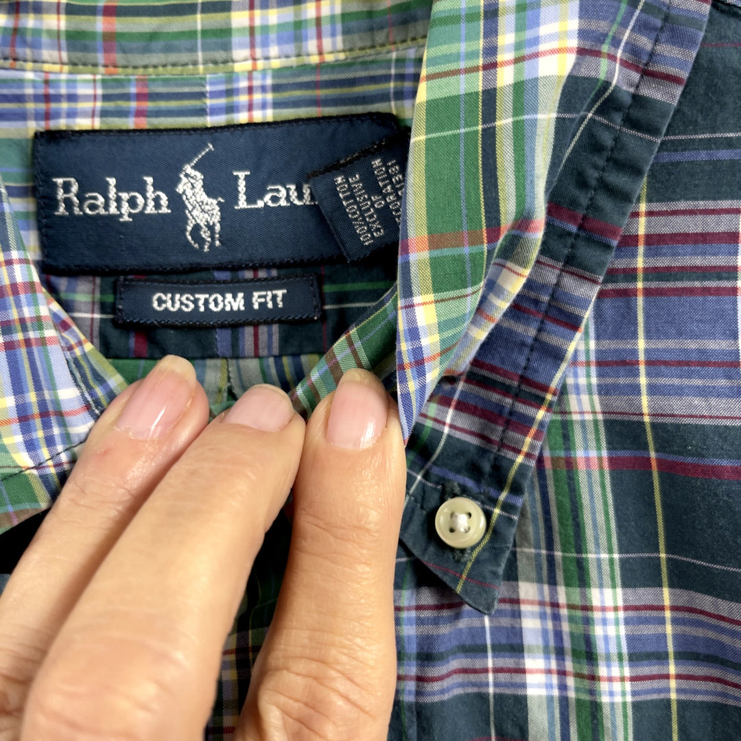 Men's Polo Ralph Lauren Green Blue Plaid Button Down Shirt Size Medium