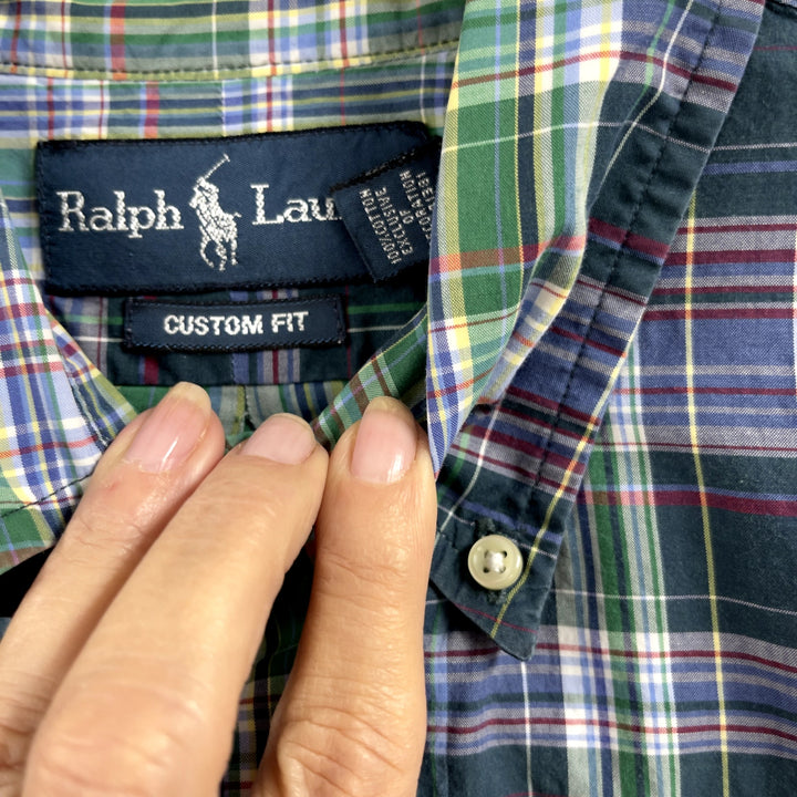 Men's Polo Ralph Lauren Green Blue Plaid Button Down Shirt Size Medium