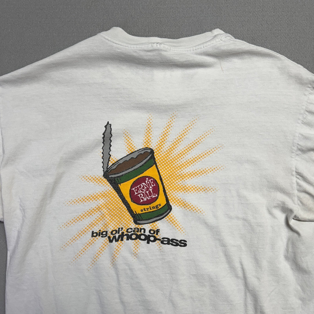 Vintage 90s Ernie Ball "Can of Whoop-Ass" Guitar Strings White T Shirt Size L