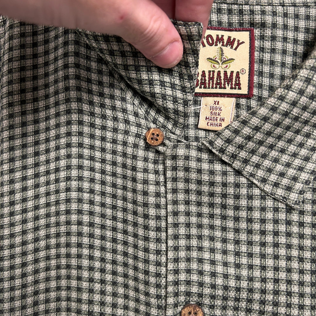 Vintage Tommy Bahama 100% Silk Green Check Pocket Button Up XL