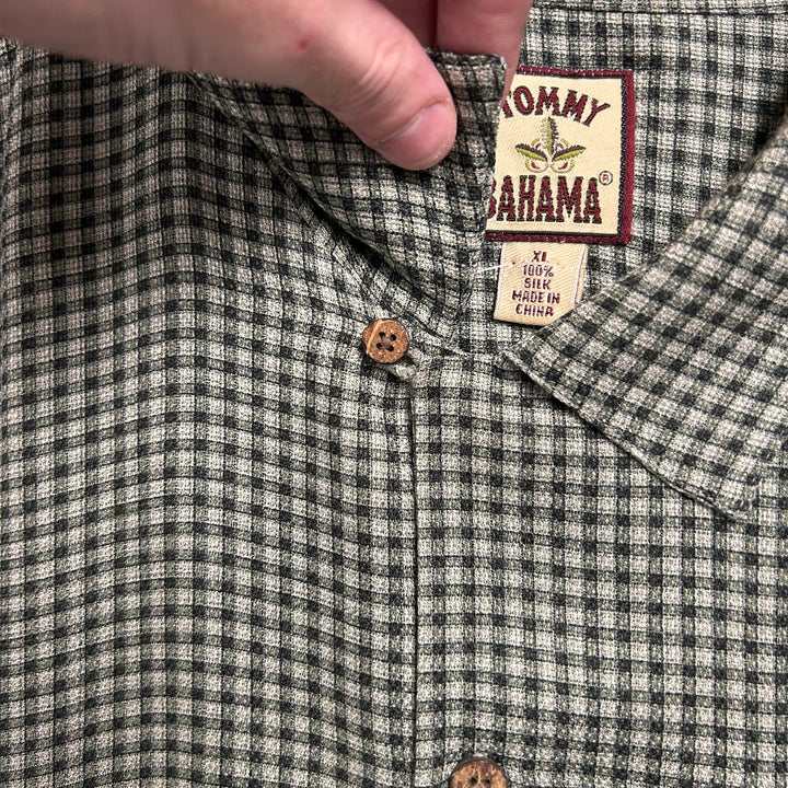 Vintage Tommy Bahama 100% Silk Green Check Pocket Button Up XL