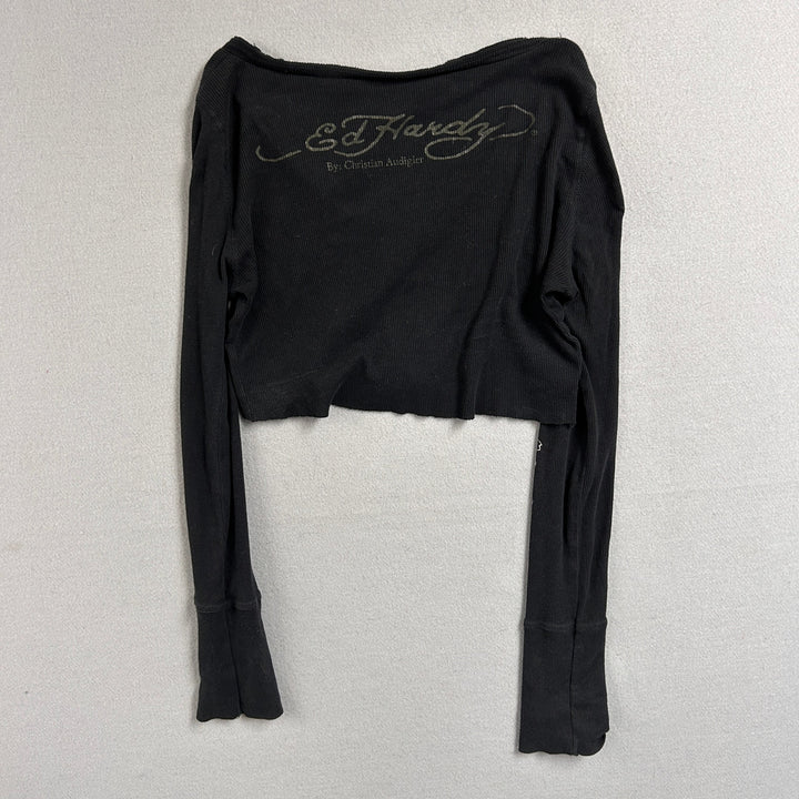 Ed Hardy V Neck Cropped T Shirt Size Large