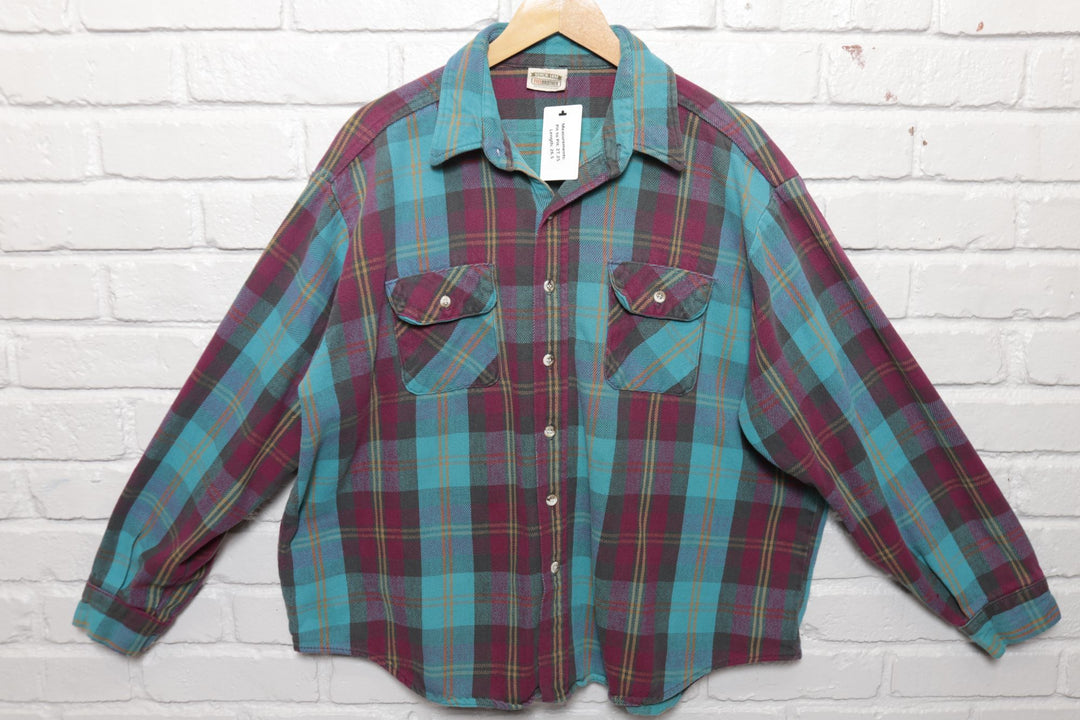 Five Brother Vintage Shirt 1990s XXL Flannel Plaid Teal