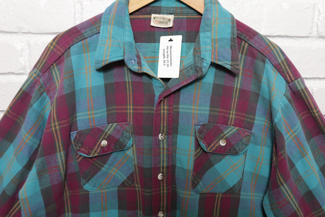 Five Brother Vintage Shirt 1990s XXL Flannel Plaid Teal