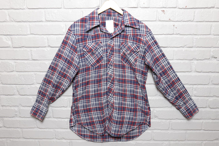 90s Vintage Red White and Blue Plaid Pearl Snap Button Down Shirt Size Medium