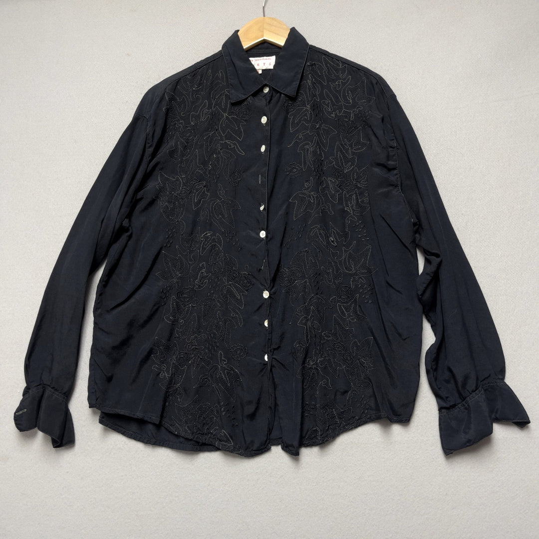 90s Simple Standards Women's Black Floral Embroidered Button Down S