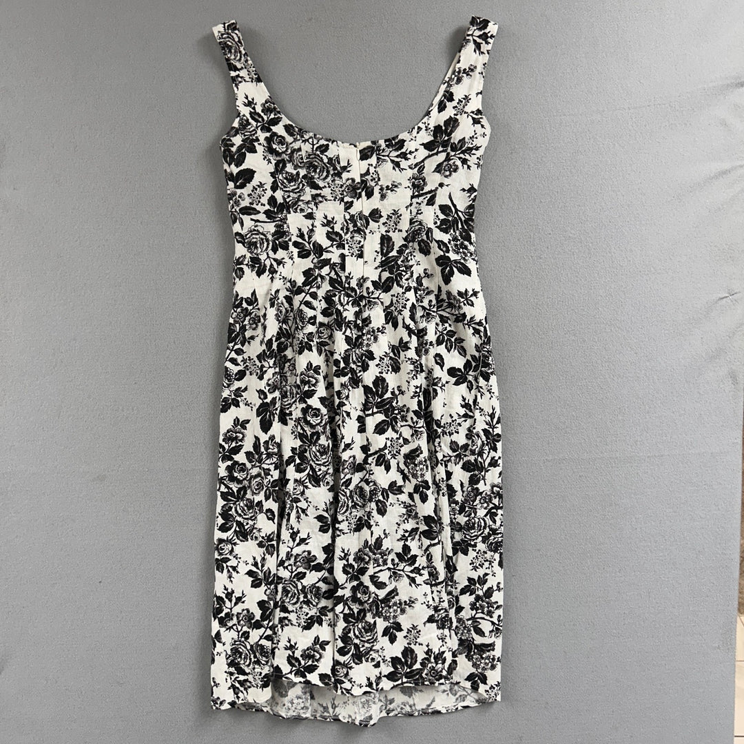 London Times Women's White/Black Floral A-Line Knee Length Linen Dress Size 8