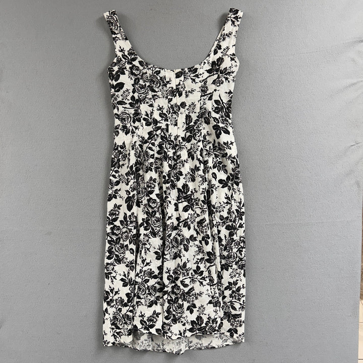 London Times Women's White/Black Floral A-Line Knee Length Linen Dress Size 8