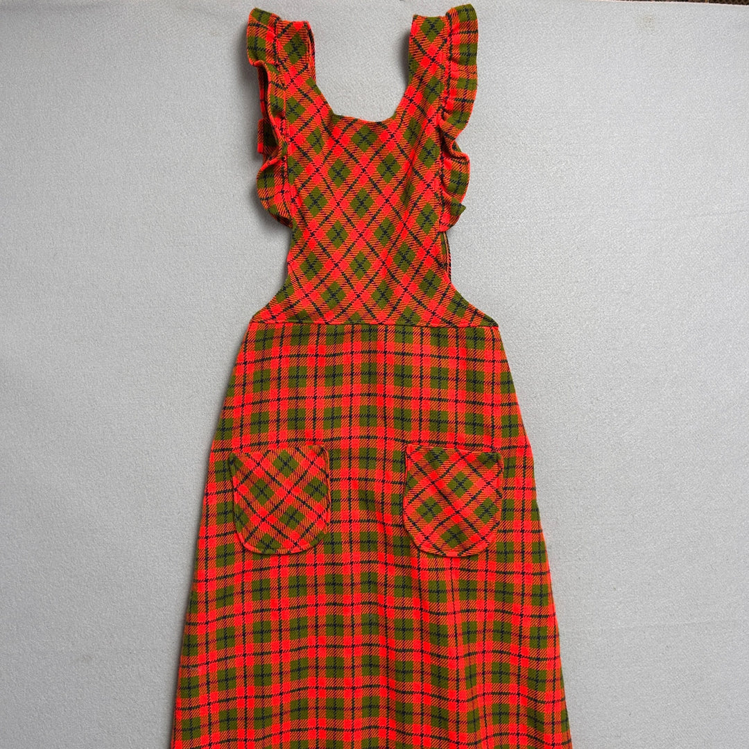 Vintage 70's Women's Orange Plaid Kitchen Dress W/ Pockets