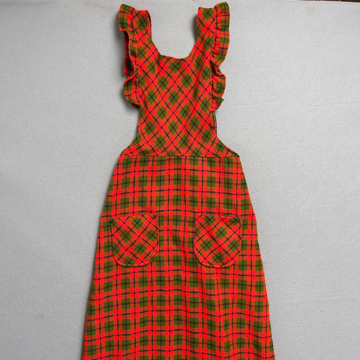 Vintage 70's Women's Orange Plaid Kitchen Dress W/ Pockets
