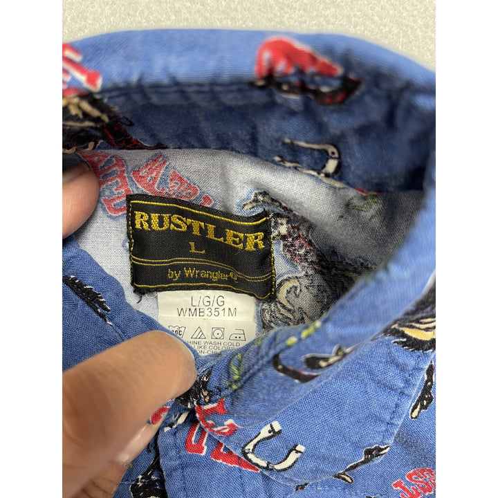 Vintage Rustler Blue Pearl Snap Youth Western Print Shirt Large