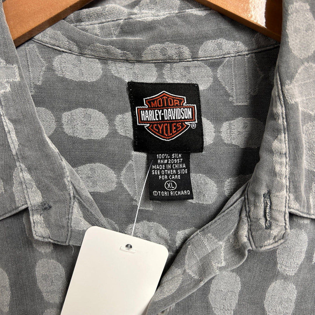 Vintage Harley Davidson Skull Print Silk Shirt Size XL