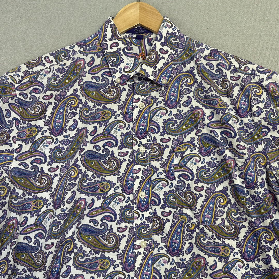 Alan Flusser Short Sleeve Paisley Button Down Shirt Size Large