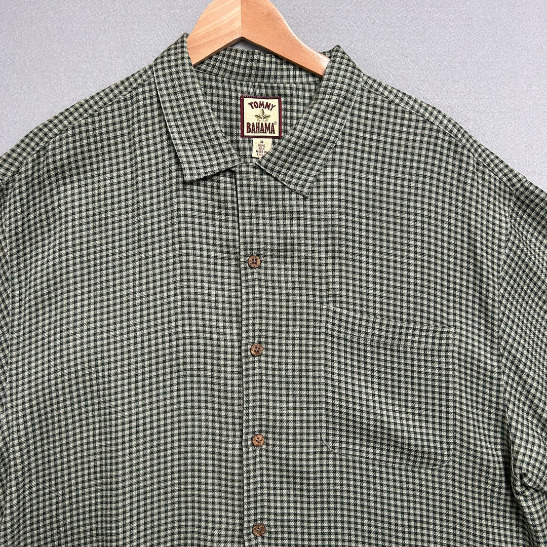 Vintage Tommy Bahama 100% Silk Green Check Pocket Button Up XL