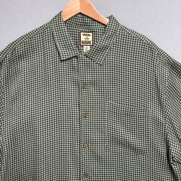 Vintage Tommy Bahama 100% Silk Green Check Pocket Button Up XL