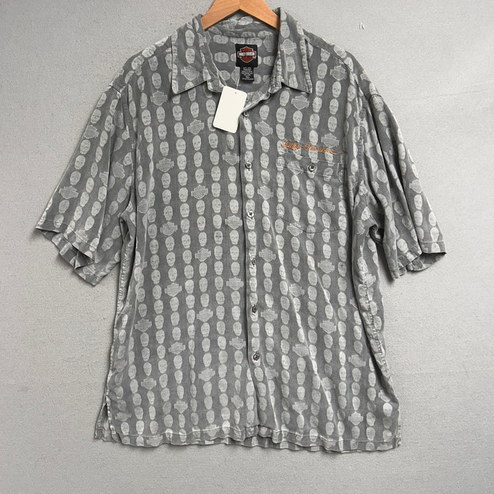 Vintage Harley Davidson Skull Print Silk Shirt Size XL