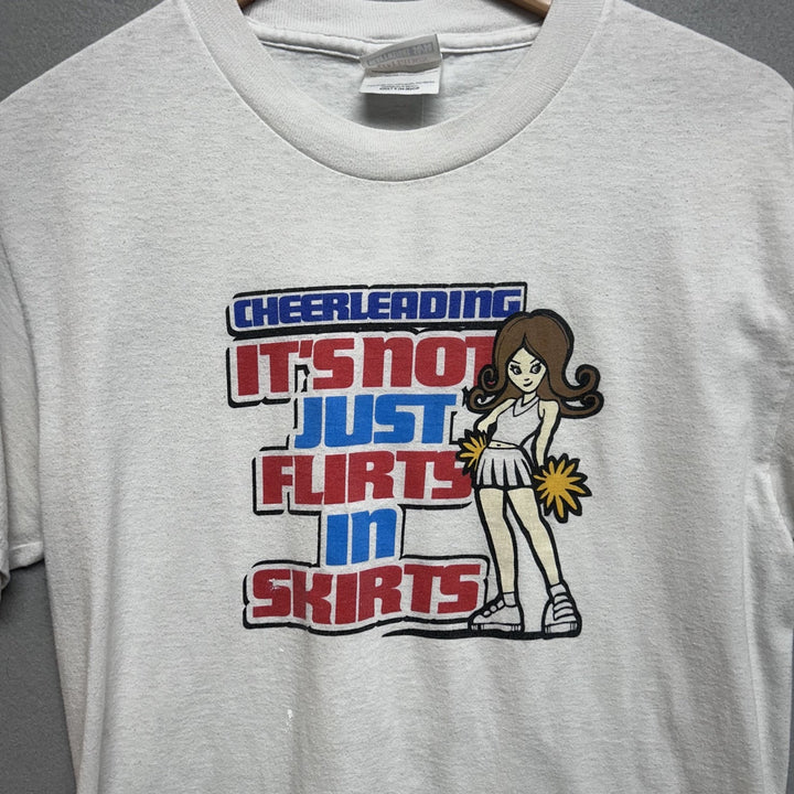 "Cheerleading It's Not Just Flirts In Skirts" Y2k White Cheer Shirt Size Small