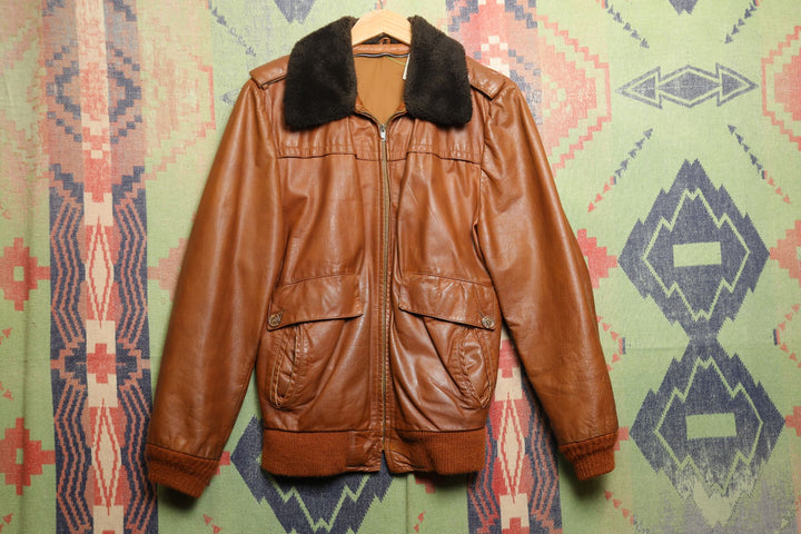 Vintage Brown Leather Jacket Faux Fur Collar Small 70s