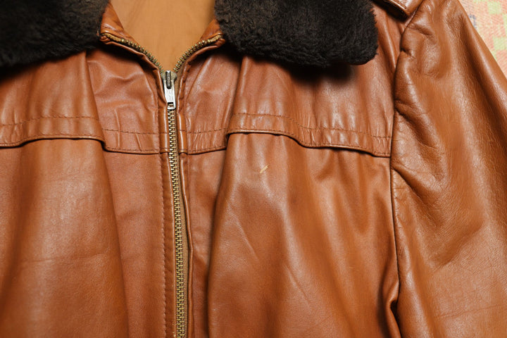 Vintage Brown Leather Jacket Faux Fur Collar Small 70s