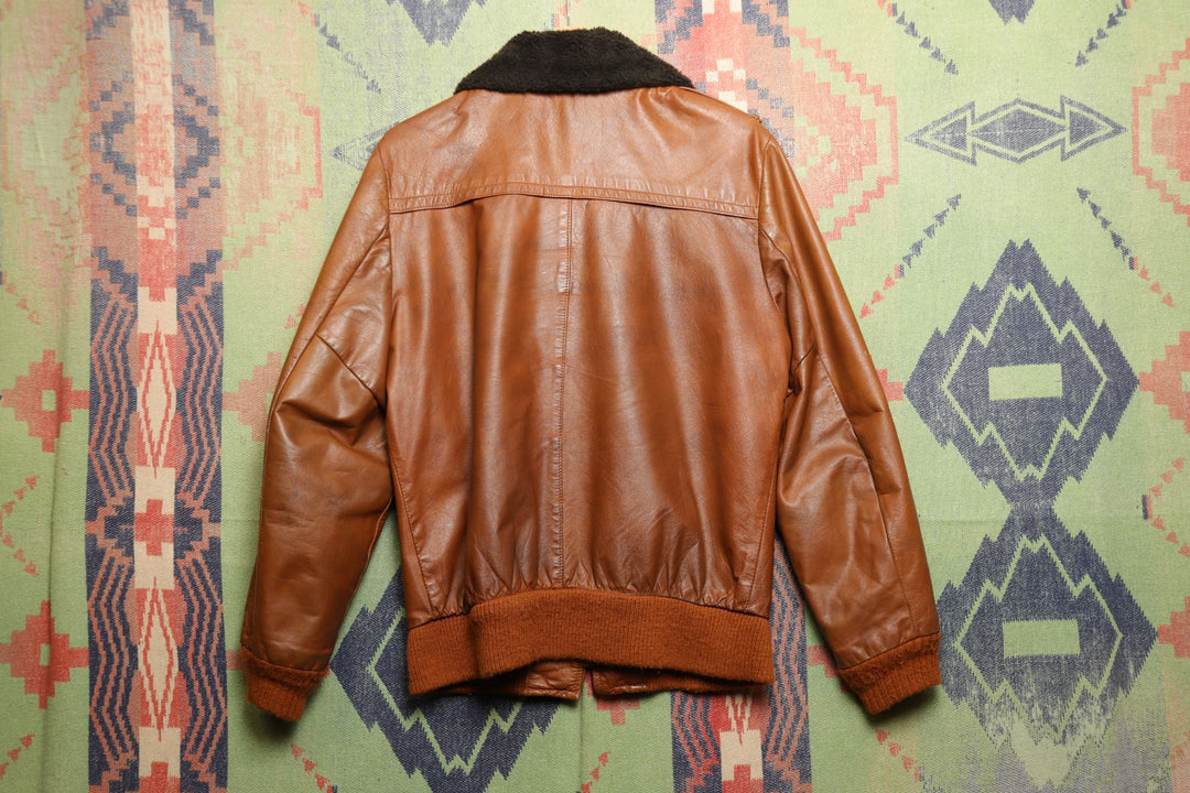 Vintage Brown Leather Jacket Faux Fur Collar Small 70s