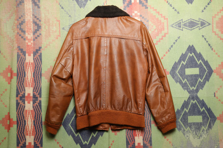Vintage Brown Leather Jacket Faux Fur Collar Small 70s