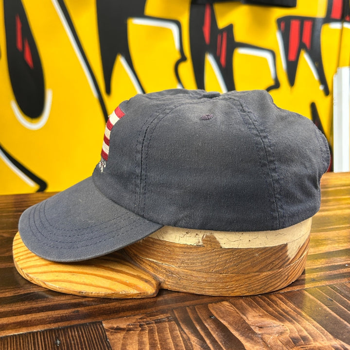 Vintage Big Ball Sports USA Flag Stitched Hat Navy Blue Leather Strapback Cap