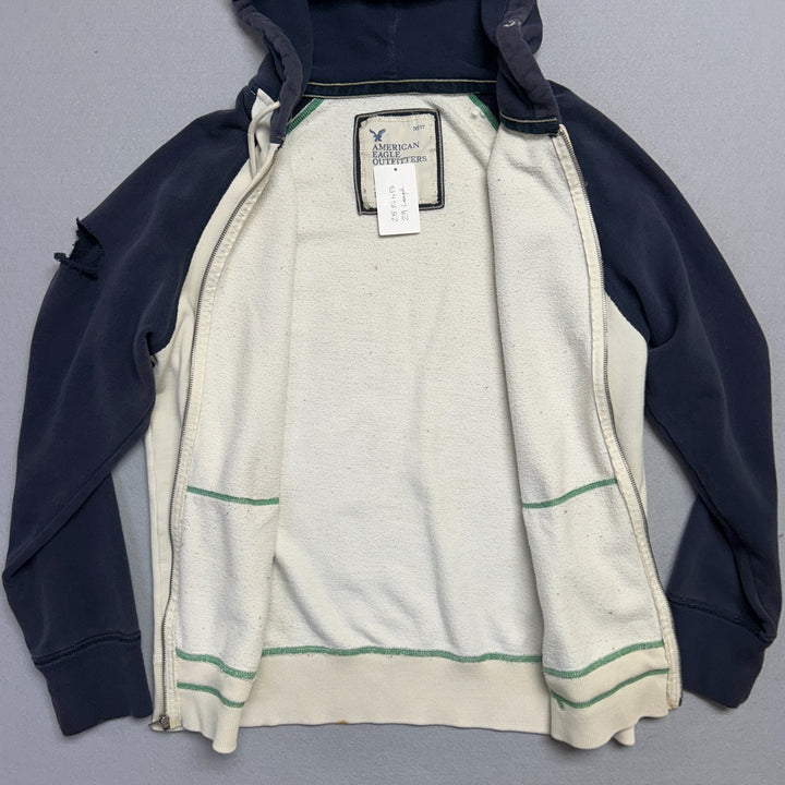 American Eagle Mens XL Navy White Two Tone Vintage Grunge Y2k Distressed Hoodie