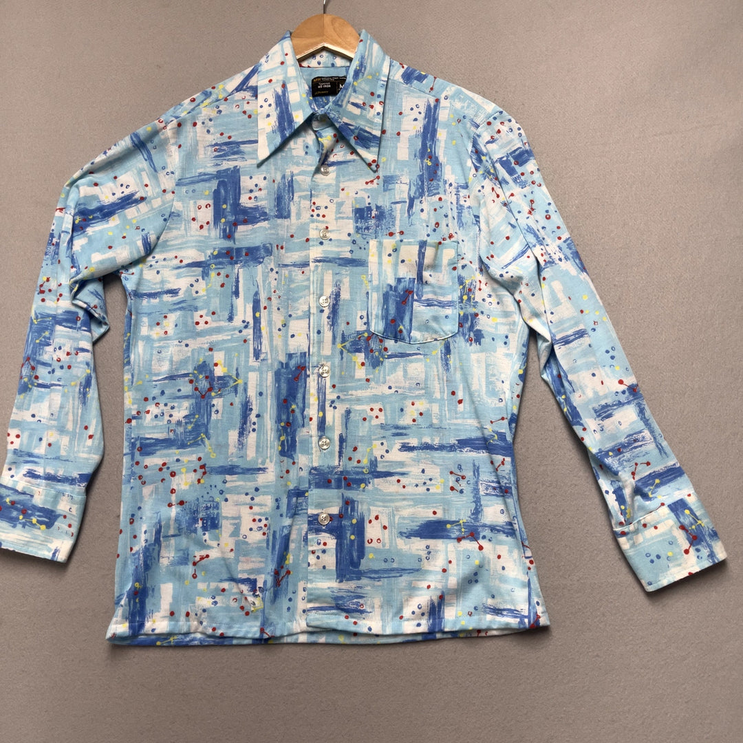 70's JC Penney Men's Blue Abstract Art Print Button Down Shirt Size Medium