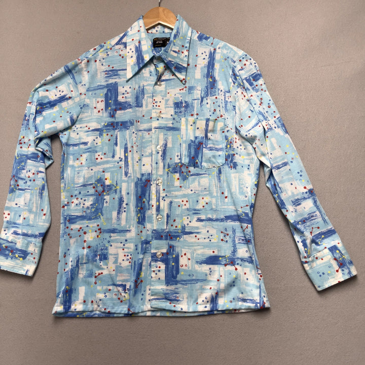 70's JC Penney Men's Blue Abstract Art Print Button Down Shirt Size Medium
