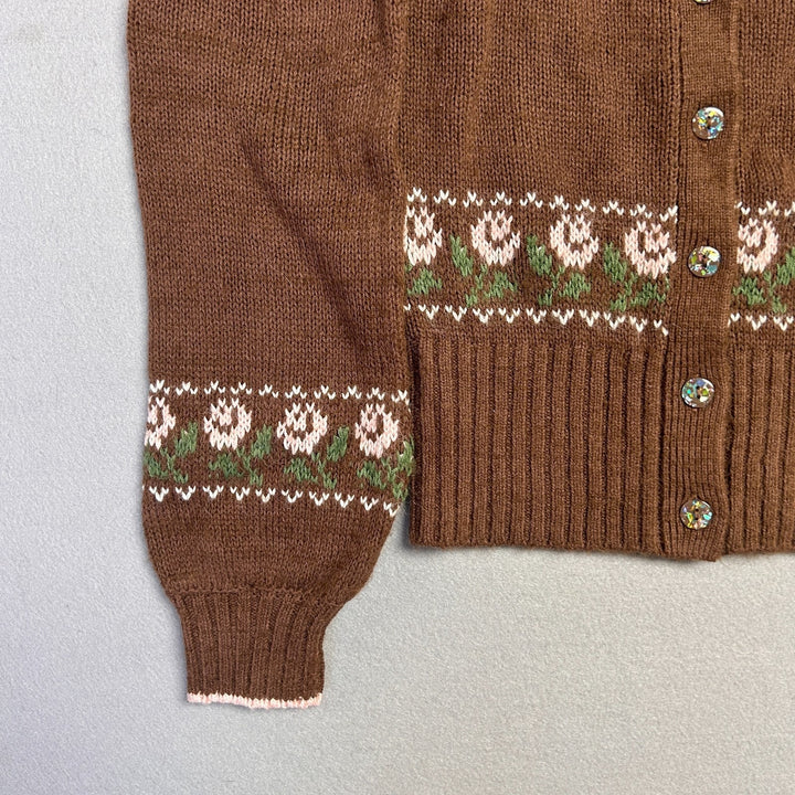 Kimchi Blue UO Alice Femme Fair Isle Brown Cropped Cardigan Sweater Flowers M
