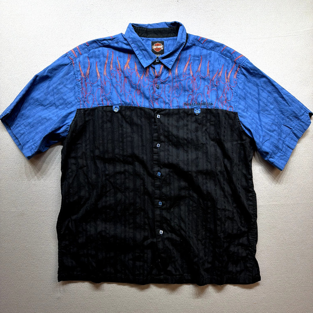 Vintage Harley Davidson Embroidered Flames Y2K Button Up Shirt Size XXL