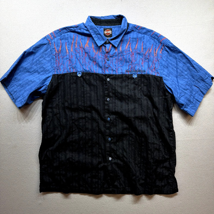 Vintage Harley Davidson Embroidered Flames Y2K Button Up Shirt Size XXL