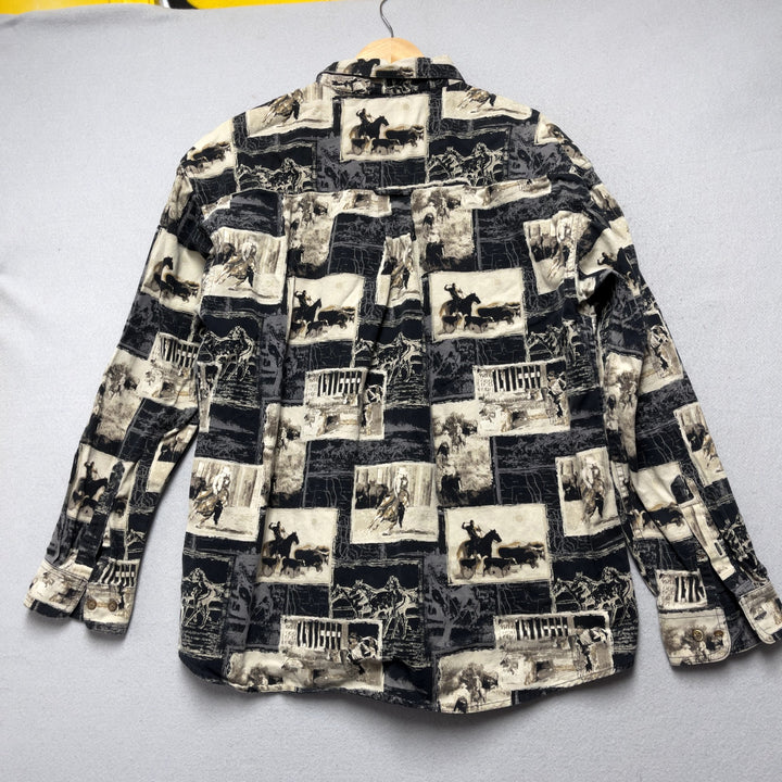 Vintage Men's Sandy River Western Print All Over Button Down Large