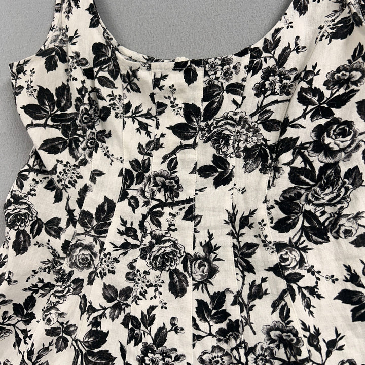 London Times Women's White/Black Floral A-Line Knee Length Linen Dress Size 8