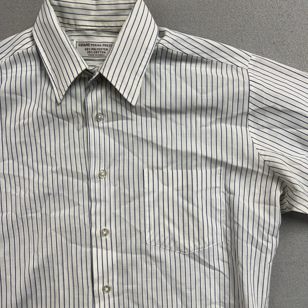 80's Sears Perma Press Blue Pin Stripe White Button Up Large