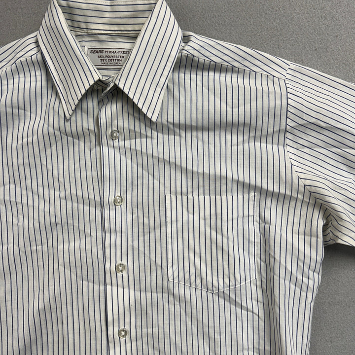 80's Sears Perma Press Blue Pin Stripe White Button Up Large