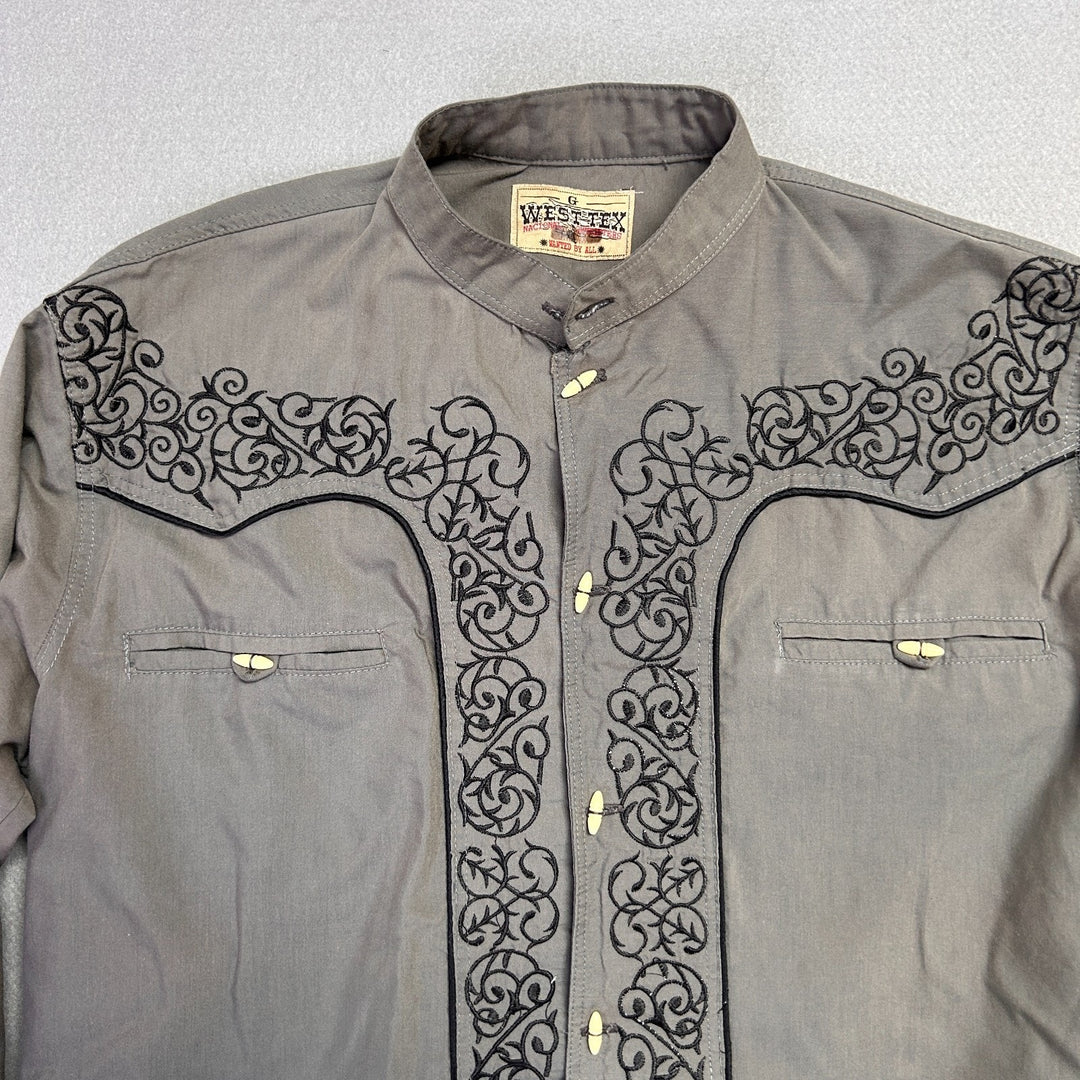 Vintage West Tex Men's Grey Embroidered Western Button-Up Size Large