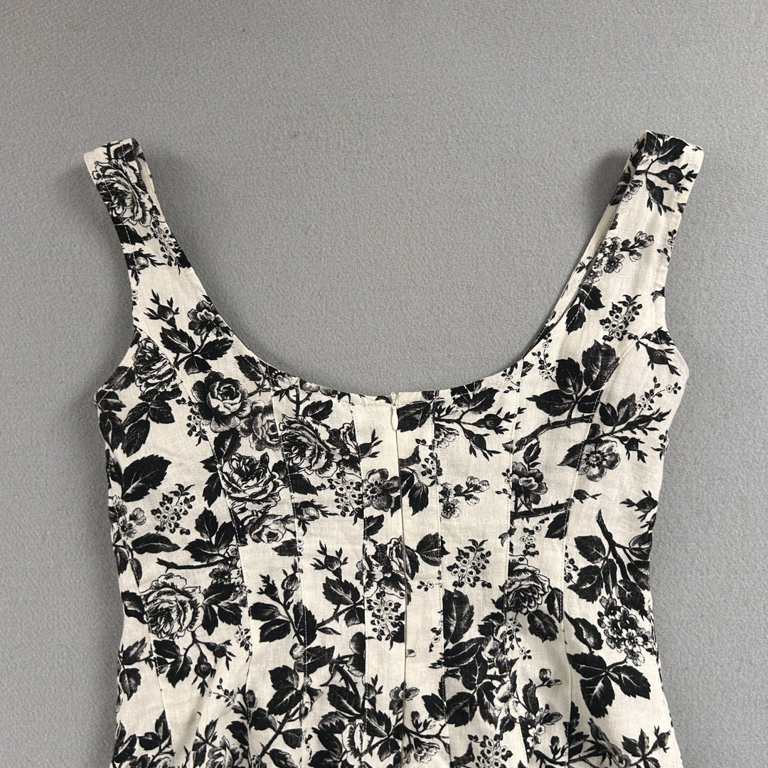 London Times Women's White/Black Floral A-Line Knee Length Linen Dress Size 8