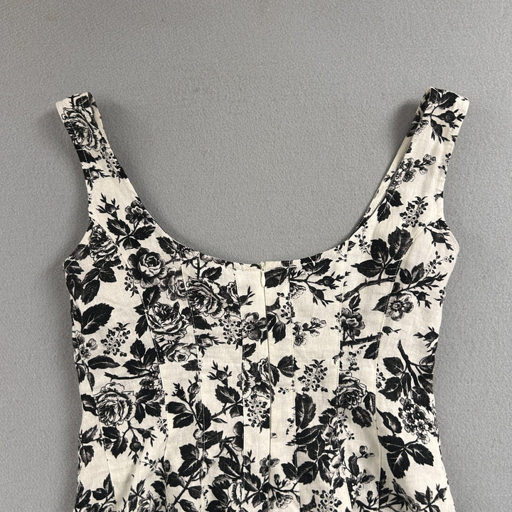 London Times Women's White/Black Floral A-Line Knee Length Linen Dress Size 8