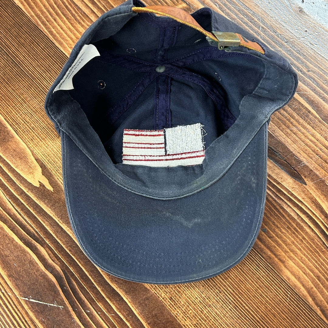 Vintage Big Ball Sports USA Flag Stitched Hat Navy Blue Leather Strapback Cap