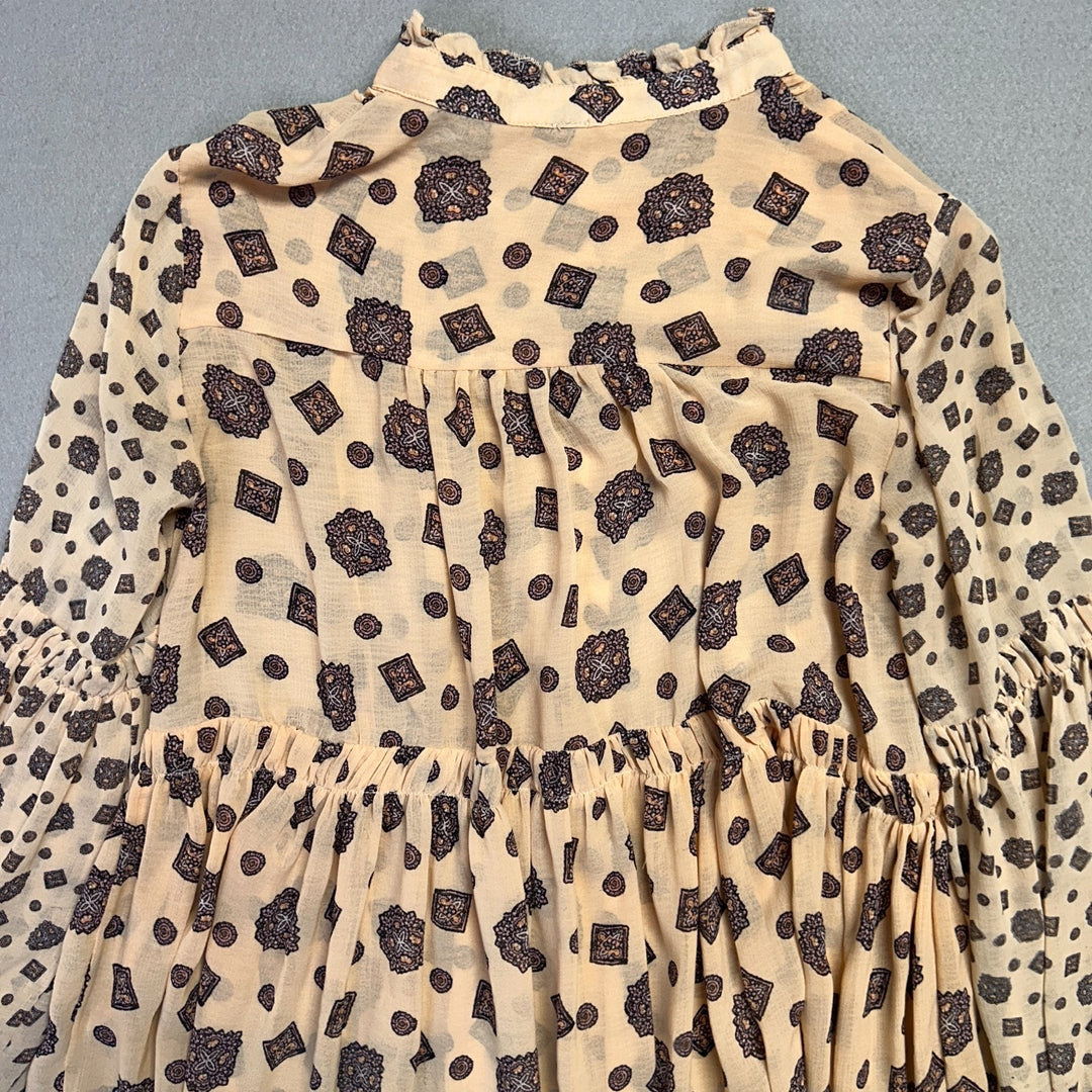 Free People Turn Turn Balloon Sleeve Mini Printed Swing Dress Tea Beige Size S