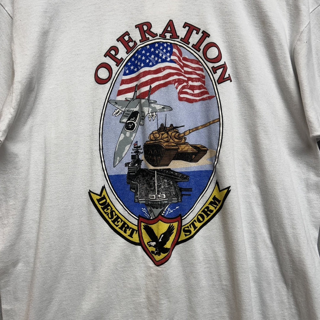 Vintage 90's Opperation Desert Storm Jet Aircraft Carrier Tank White Shirt Sz M