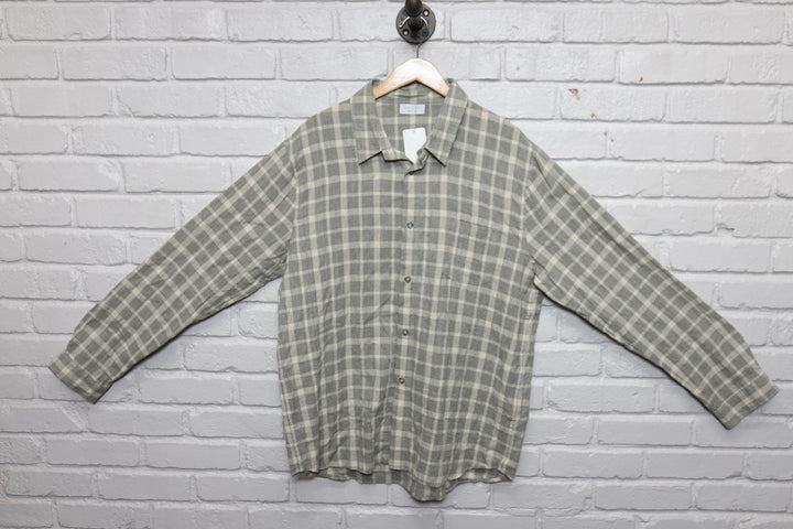 john elliott season 9 grey and white plaid button down shirt size large