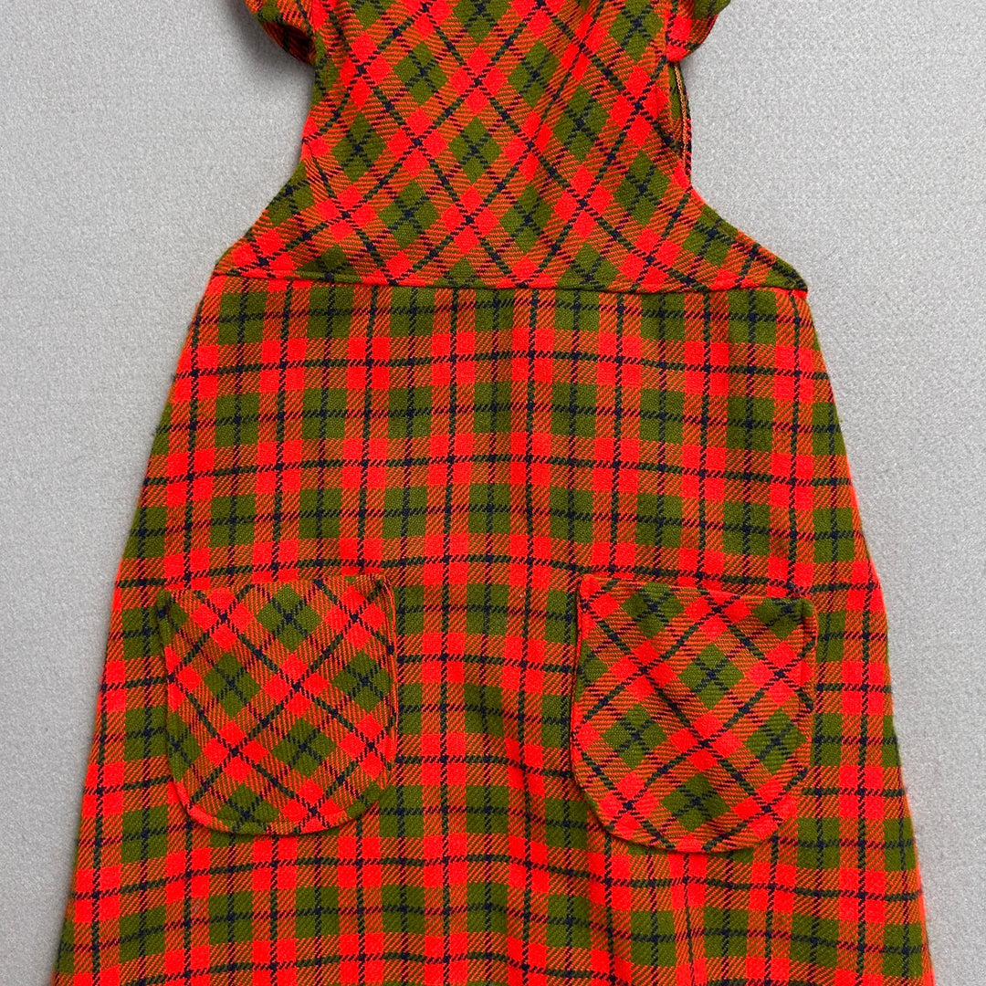 Vintage 70's Women's Orange Plaid Kitchen Dress W/ Pockets