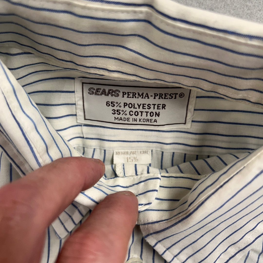 80's Sears Perma Press Blue Pin Stripe White Button Up Large
