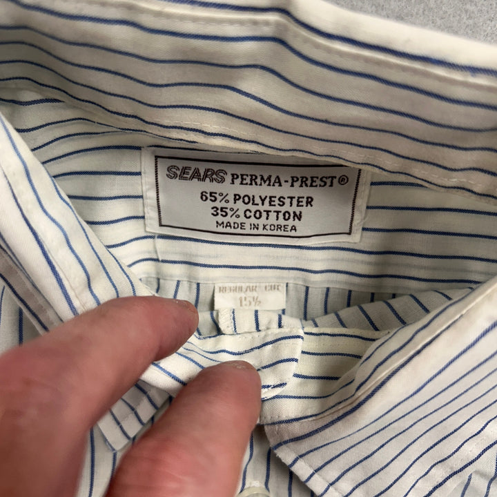 80's Sears Perma Press Blue Pin Stripe White Button Up Large